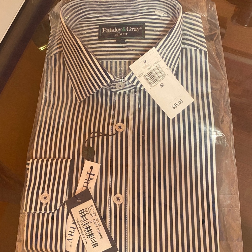 Paisley & Gray Navy Dress Shirt with White Wide Stripes. Size Medium - Picture 4 of 4